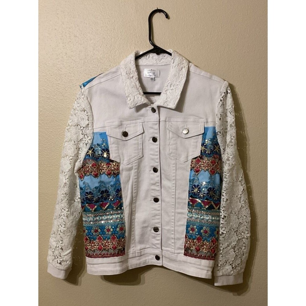 Just B Lace Embellished White Denim Jacket Size XL